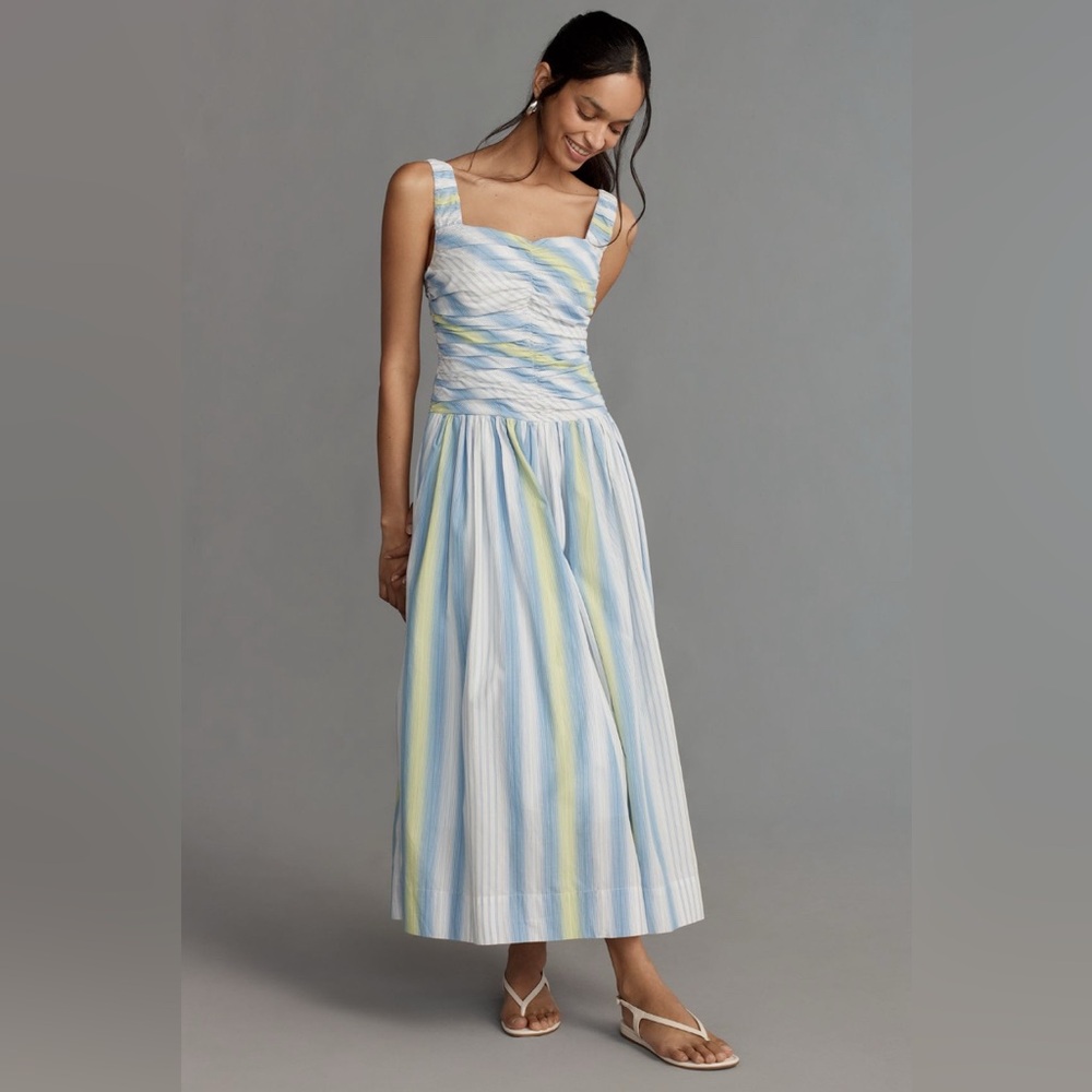 striped midi drop waist ruched dress